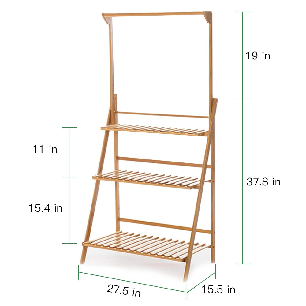 Folding Bamboo Plant Stand Three Tier Indoor Outdoor Shelf