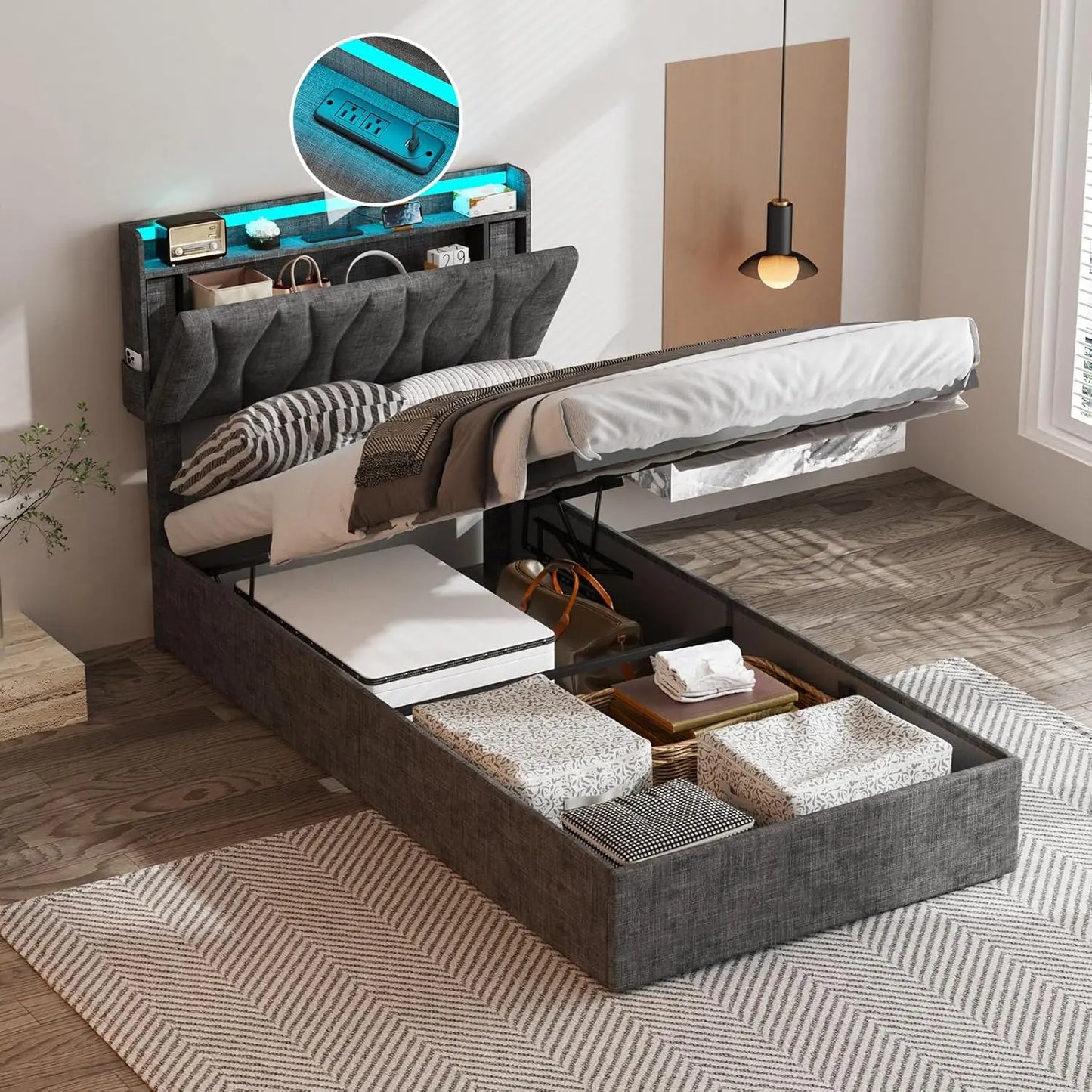Vabches Lift Up Bed Frame With Storage Headboard And Led