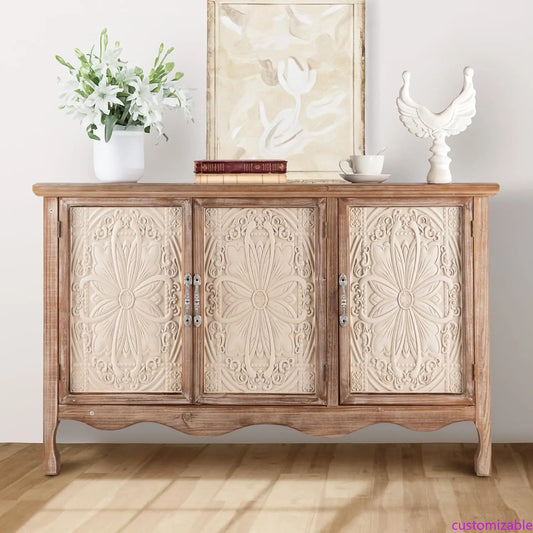 XMSJ Accent Storage Cabinet With Carved Doors And Shelves Farmhouse Sideboard Buffet