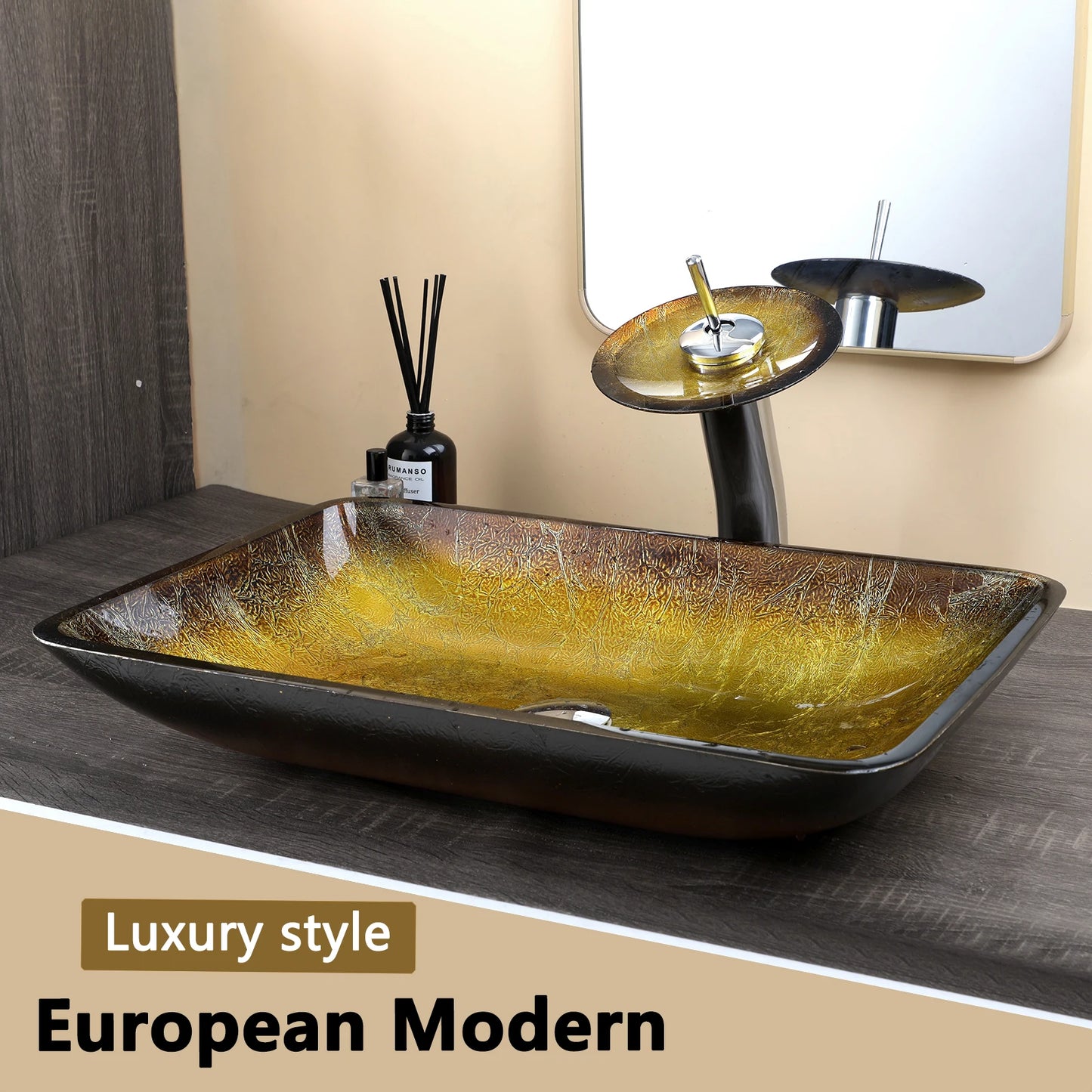 MEKKHALA Bathroom Vessel Sink Glass With Waterfall Faucet Mixer
