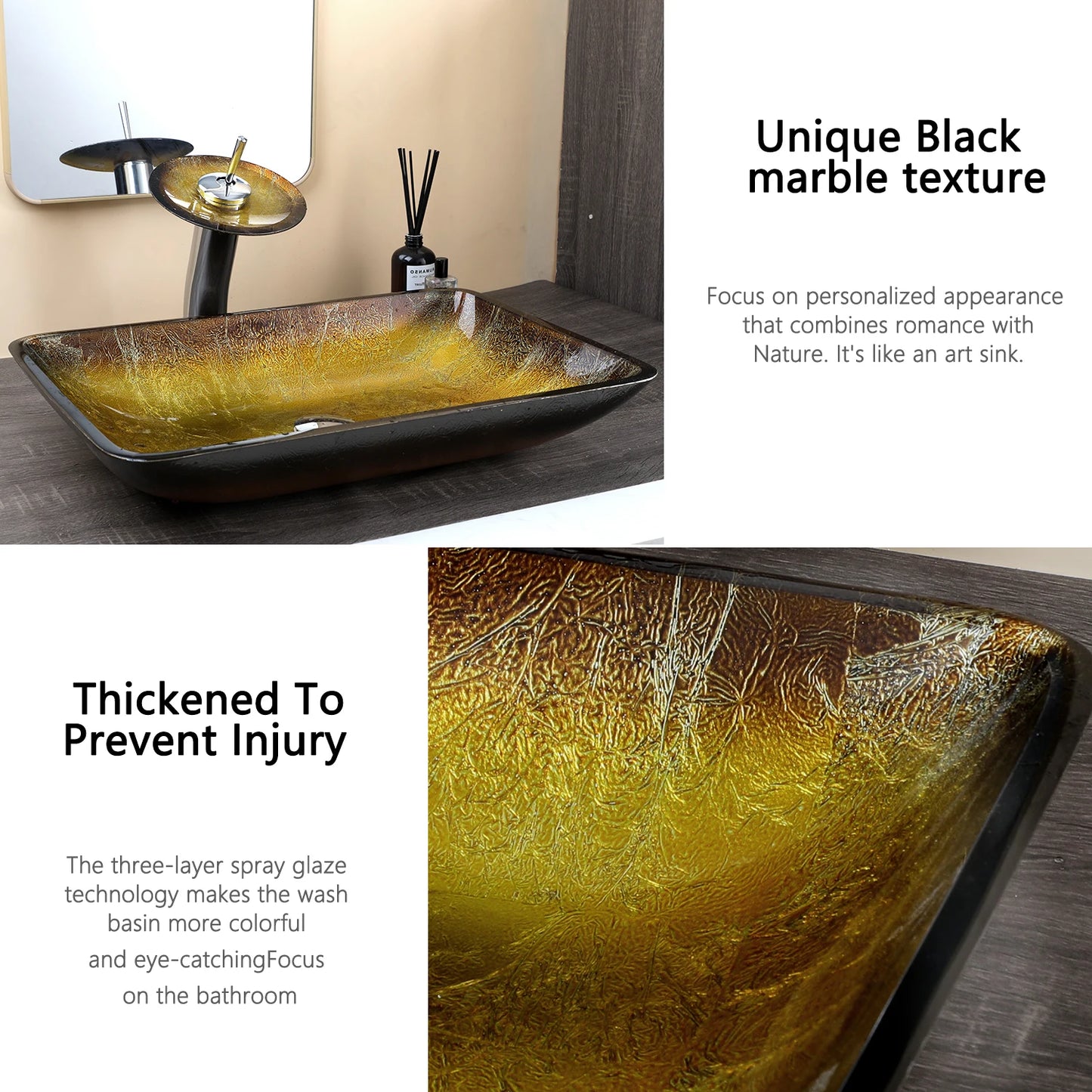 MEKKHALA Bathroom Vessel Sink Glass With Waterfall Faucet Mixer