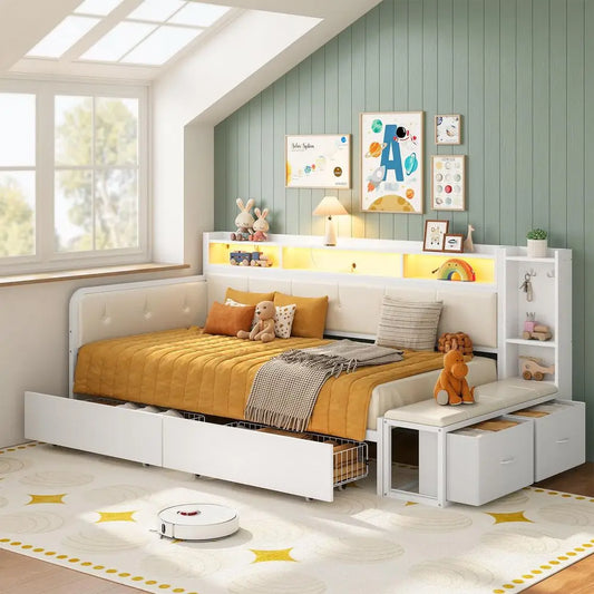 Corner Bed Frame With Storage Bench And Bookcase Headboard