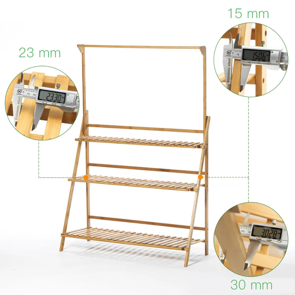 Folding Bamboo Plant Stand Three Tier Indoor Outdoor Shelf