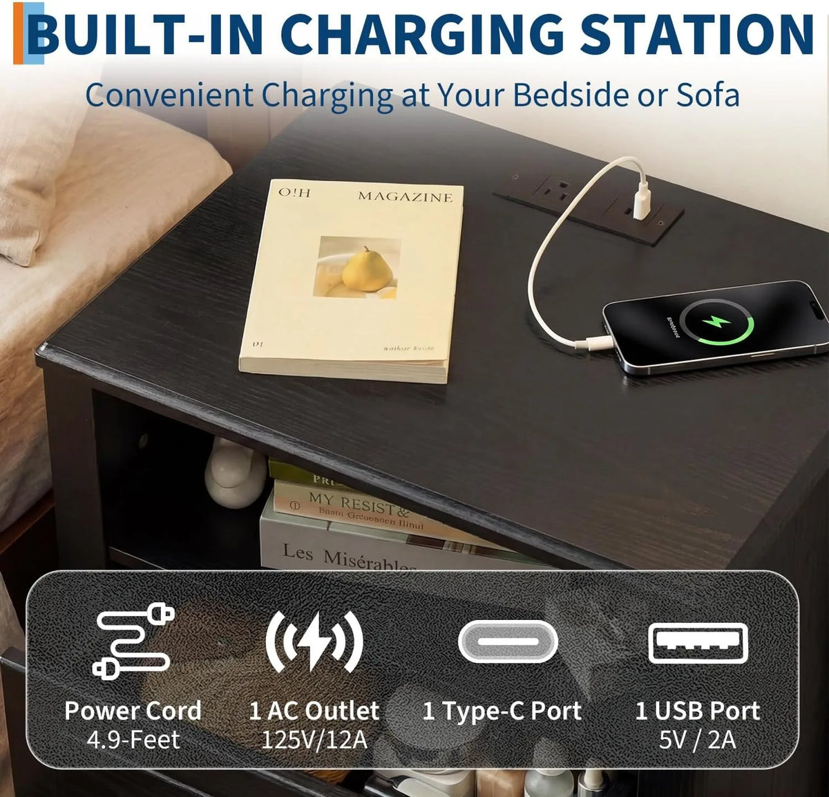 Modern Wooden Nightstand With Charging Station Open Shelf