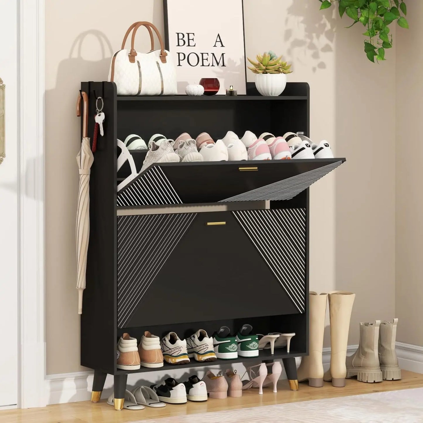 Shoe Cabinet for 24 Pairs Slim Freestanding Organizer with Flip Drawers and Hooks