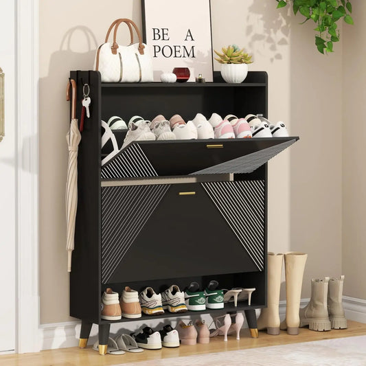 Shoe Cabinet for 24 Pairs Slim Freestanding Organizer with Flip Drawers and Hooks