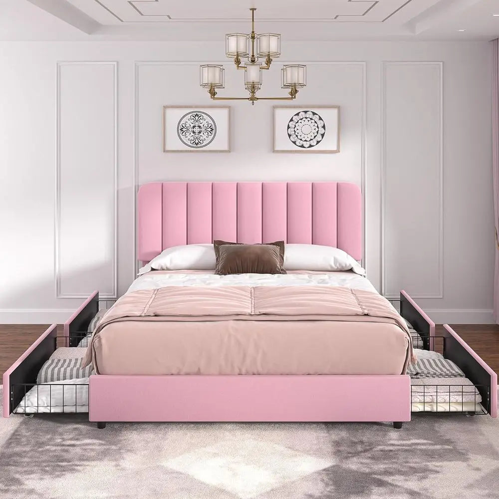 Velvet Platform Bed With 4 Drawers And Headboard Storage