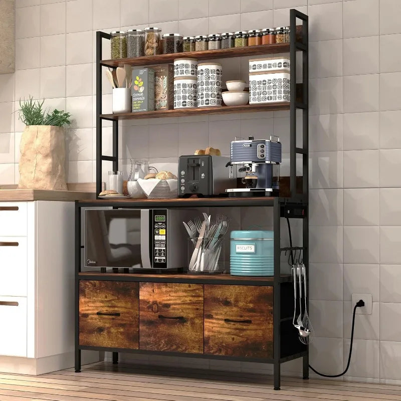 Kitchen Bakers Rack with Baskets 5-Tier Metal Storage Shelf and Microwave Stand