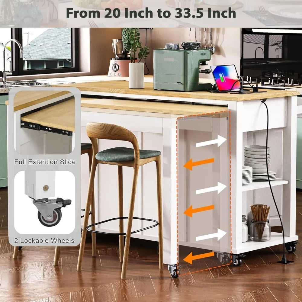 DAFIFY Kitchen Island on Wheels Extendable Table Power Outlet