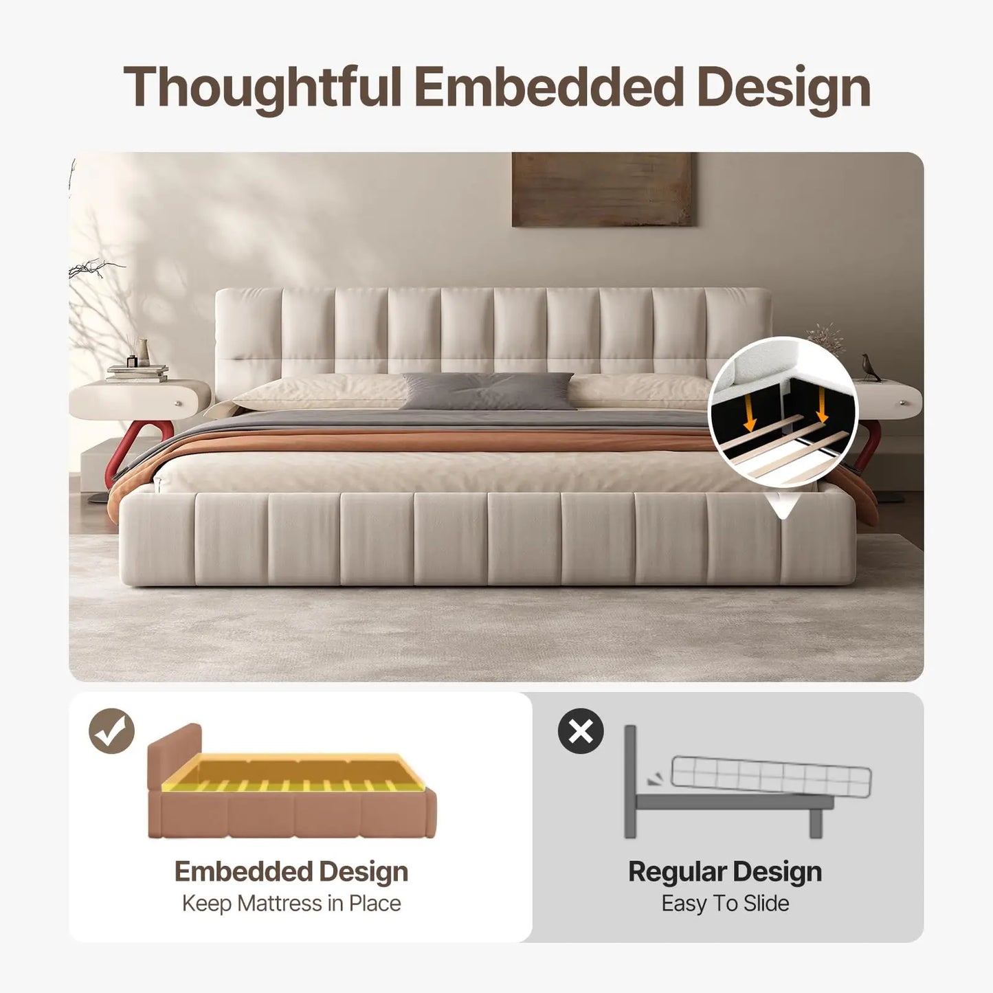 Modern Cloud Platform Bed With Thick Headboard And Footboard