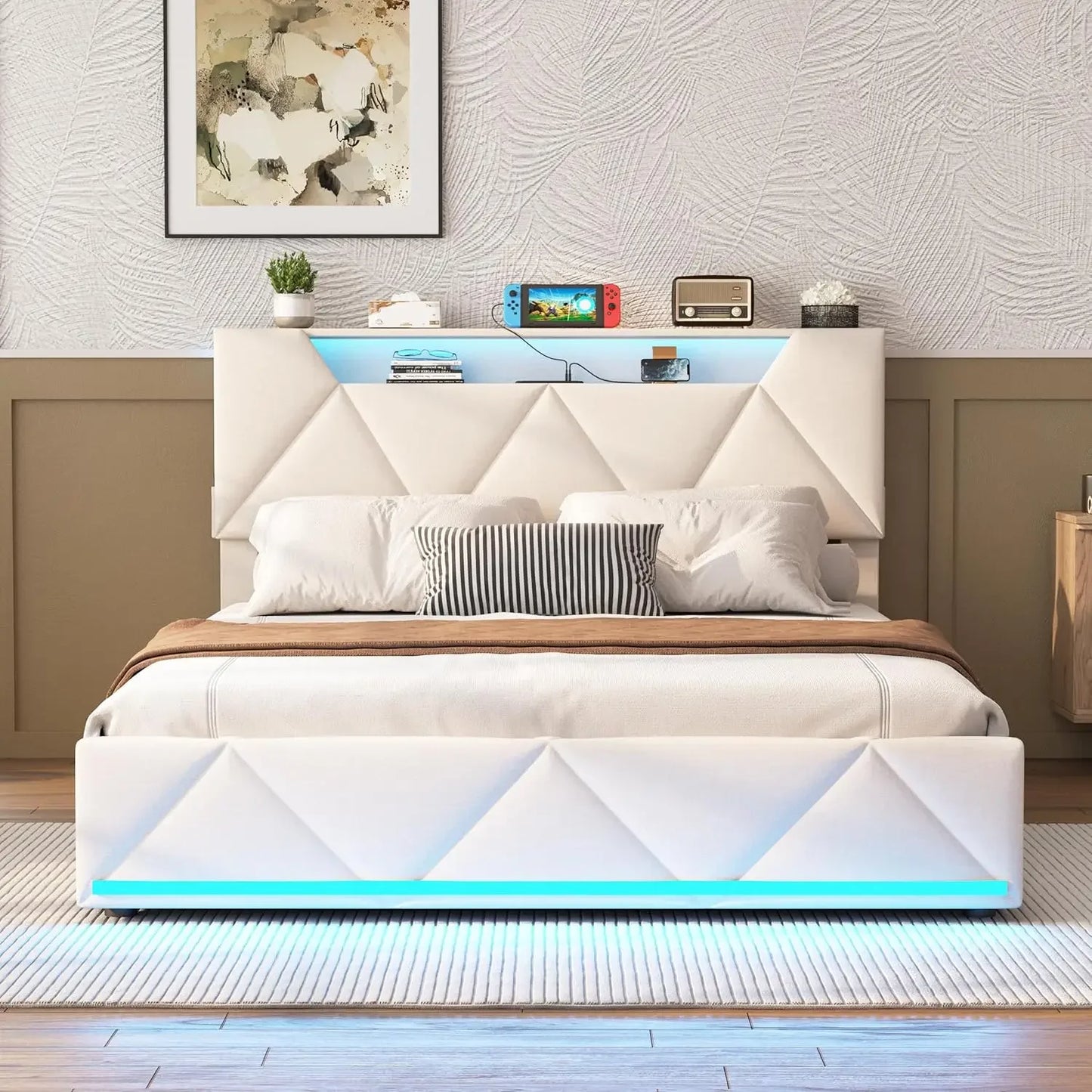Vabches Upholstered Bed Frame With Storage And Drawers