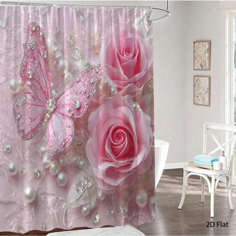 Elegant Butterfly Shower Curtain Bath Mat Set Toilet Seat