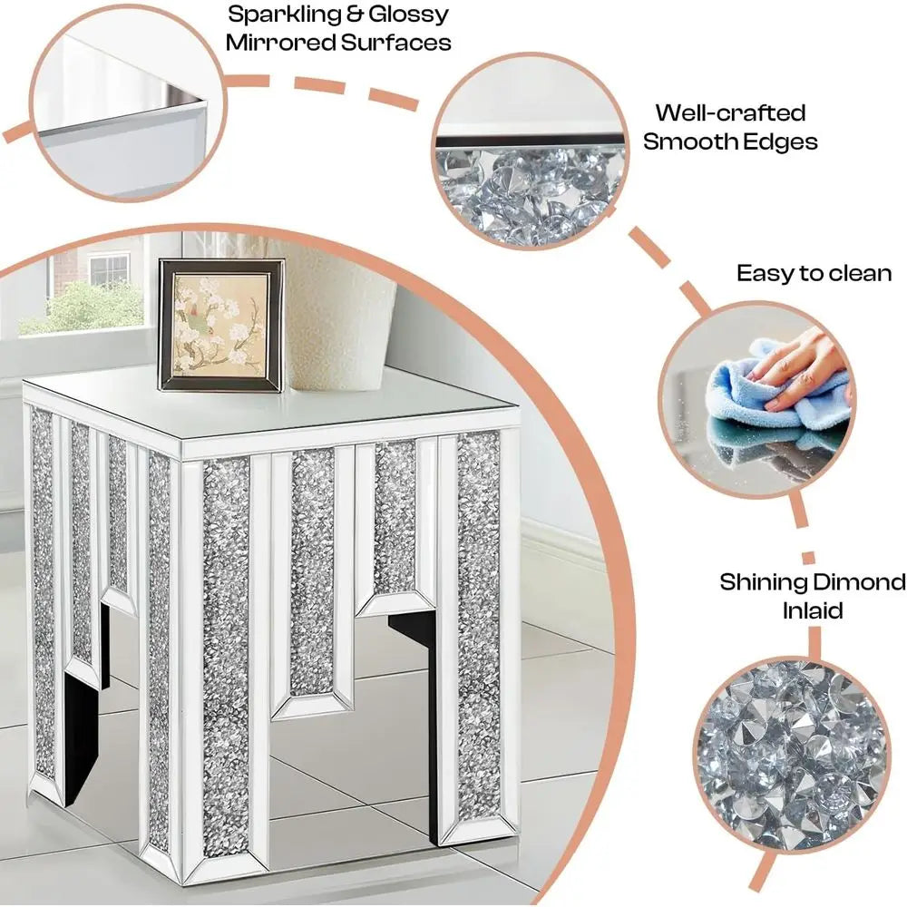 Crushed Diamond Mirrored Side Table With Crystal Inlay