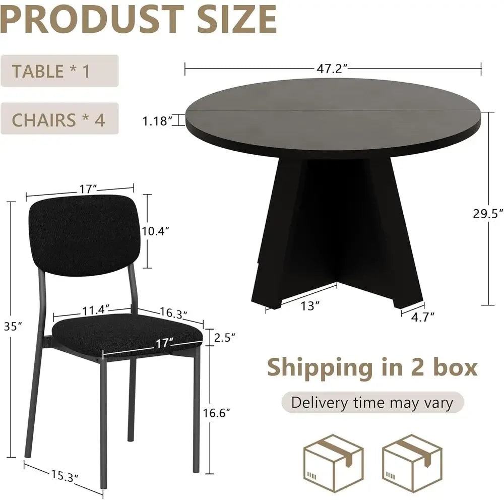 Five Piece Round Dining Table Set With Wood Base And Upholstered Chairs