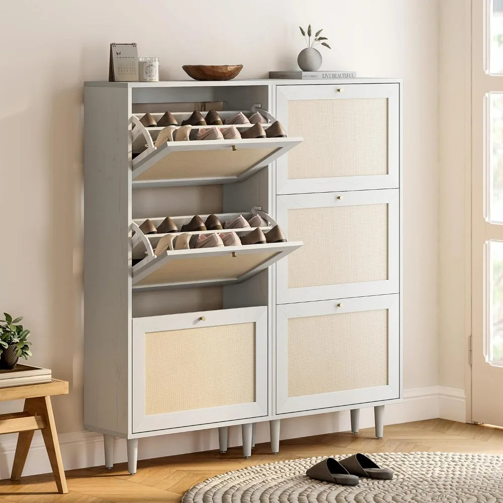 ANGDUO Rattan Shoe Cabinet Set With Flip Drawers Freestanding
