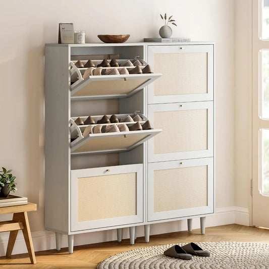 ANGDUO Rattan Shoe Cabinet Set With Flip Drawers Freestanding