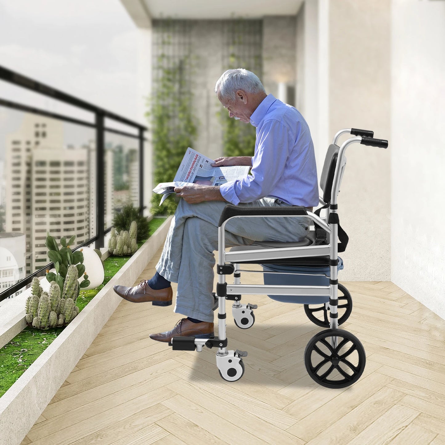Foldable Rolling Shower Chair With Aluminum Height Adjustment Commode