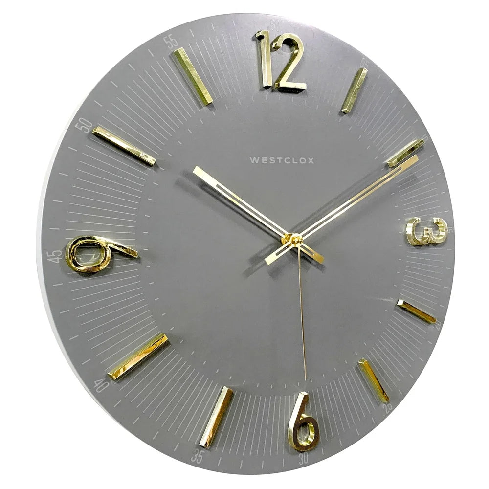 Contemporary 16 Inch Gray Analog Wall Clock with Gold Numbers for Home Decor