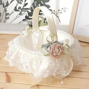 Romantic Wedding Flower Girl Basket With Lace Pearl Decor