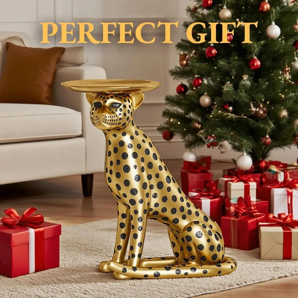 DAFIFY Animal Side Table With Tray Top Leopard Statue