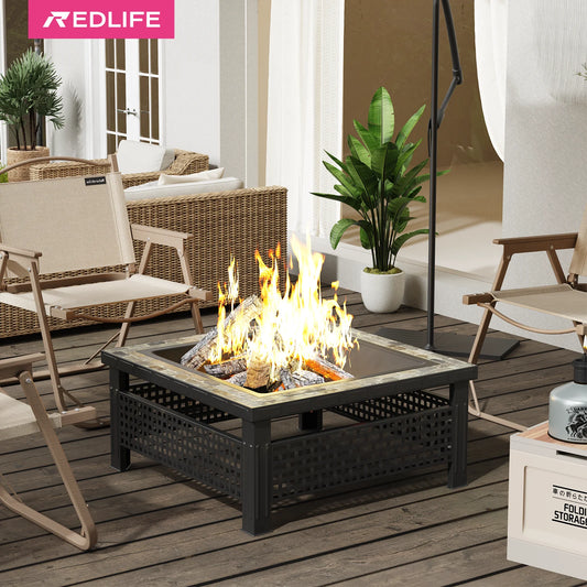 30 Inch Square Fire Pit Table with Mesh Lid and Fire Poker for Outdoor Use