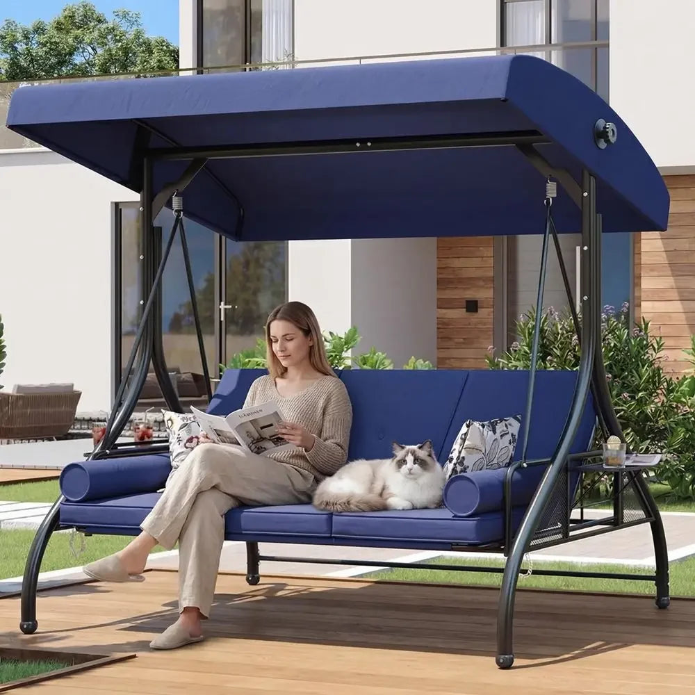XMSJ Outdoor Porch Swing With Weatherproof Canopy Three Seats