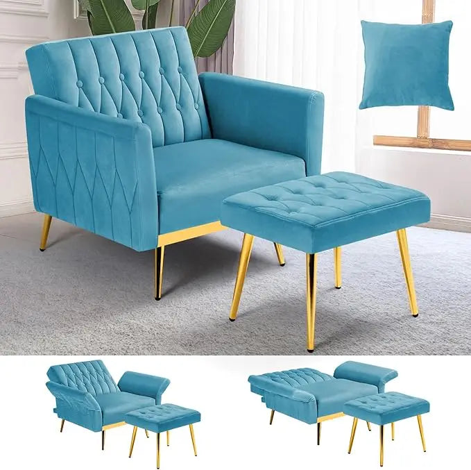 Velvet Accent Chair with Adjustable Armrests Tufted Back and Ottoman