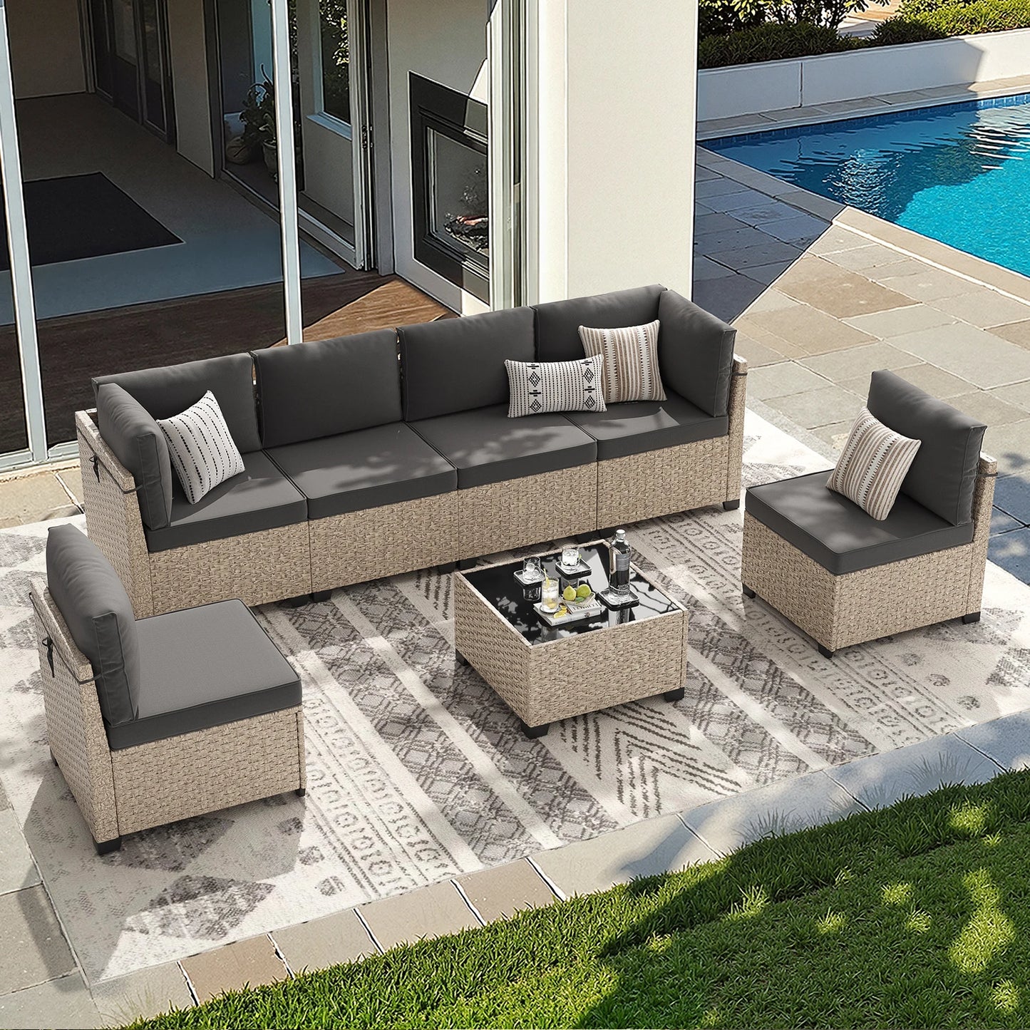 Outdoor Rattan Patio Furniture Set With Tempered Glass Table All Weather