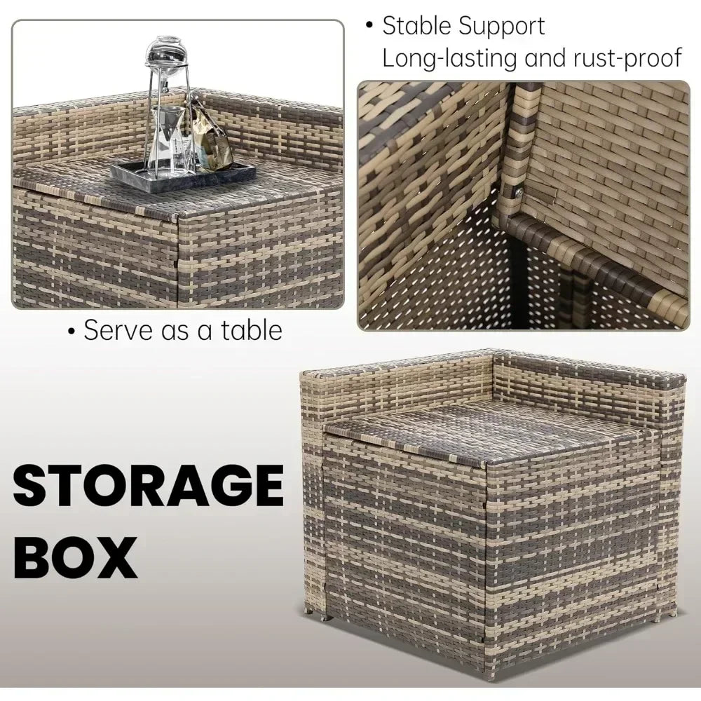 Rattan Patio Sectional Glass Top Table With Hidden Storage