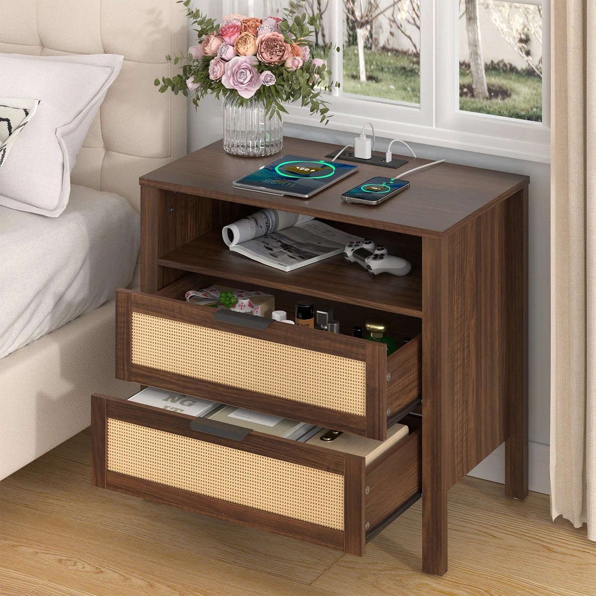 Modern Wooden Nightstand With Dual Power Charging Ports