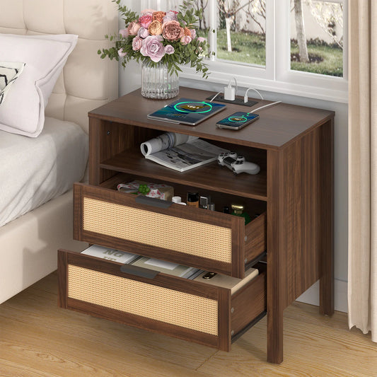 Modern Wooden Nightstand With Dual Power Charging Ports