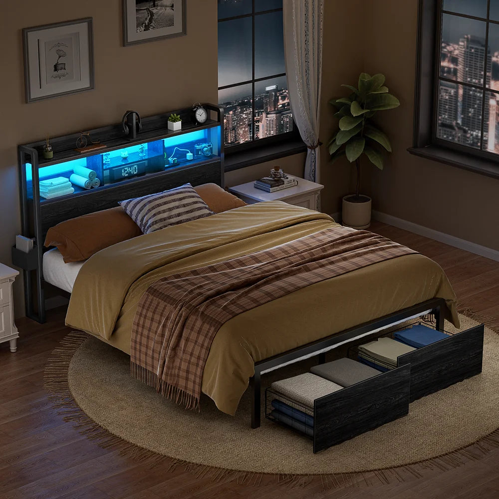 Satifur Metal Bed Frame With Storage Drawers And LED