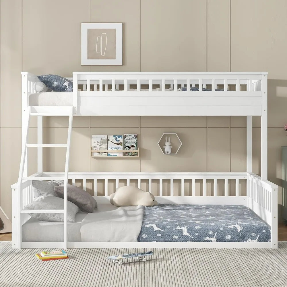 Low Bunk Beds Twin XL Over Queen with Ladder and Guardrail for Kids