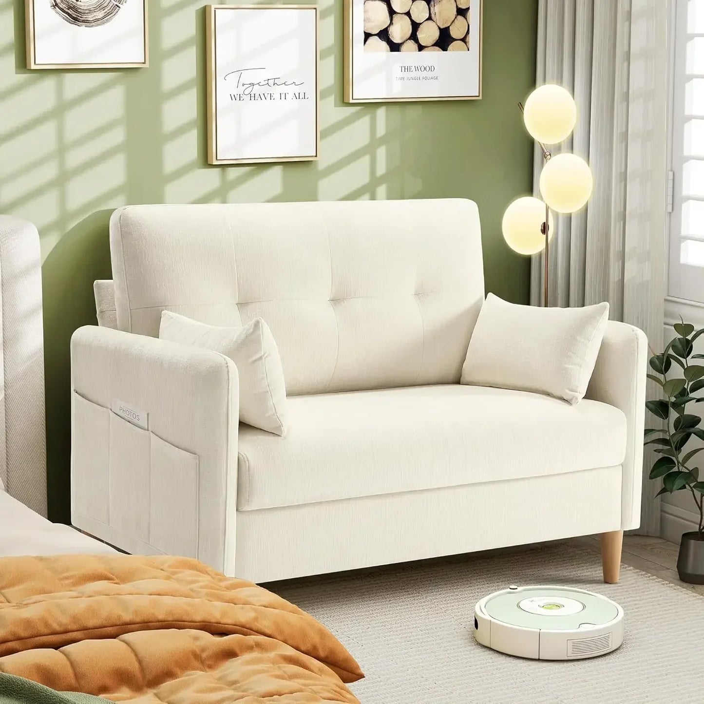 47 Inch Small Chenille Fabric Love Seat Sofa with Throw Pillow for Living Room