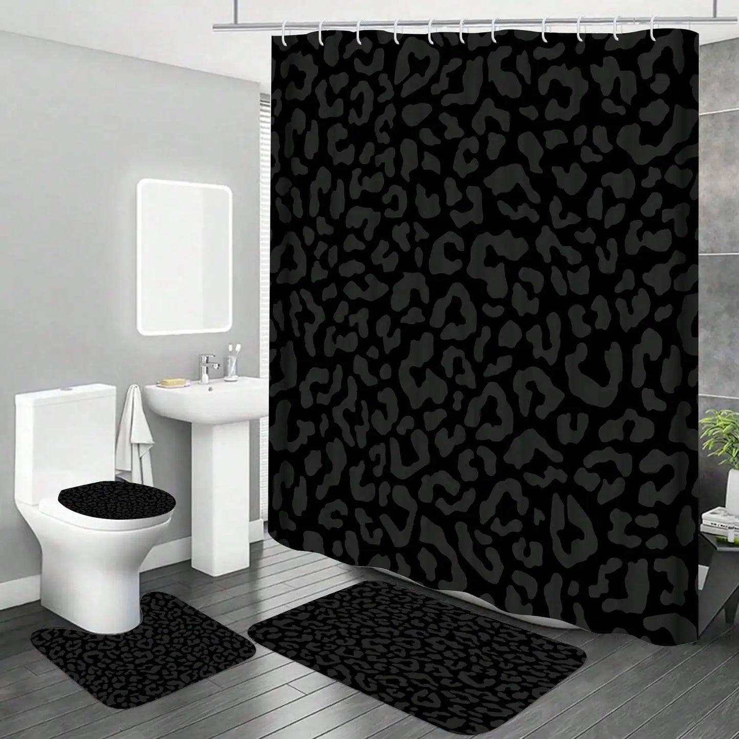 Leopard Pattern Polyester Shower Curtain Set With Bath Accessories