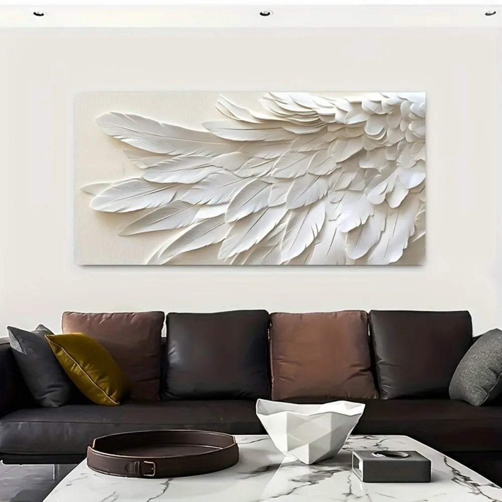 Modern Abstract White Feather Wall Art with Pine Frame for Interior Decoration