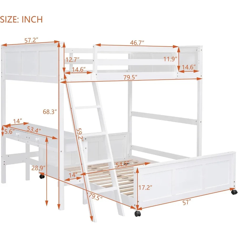 MKDK Solid Wood Bunk Bed With Desk And Storage System