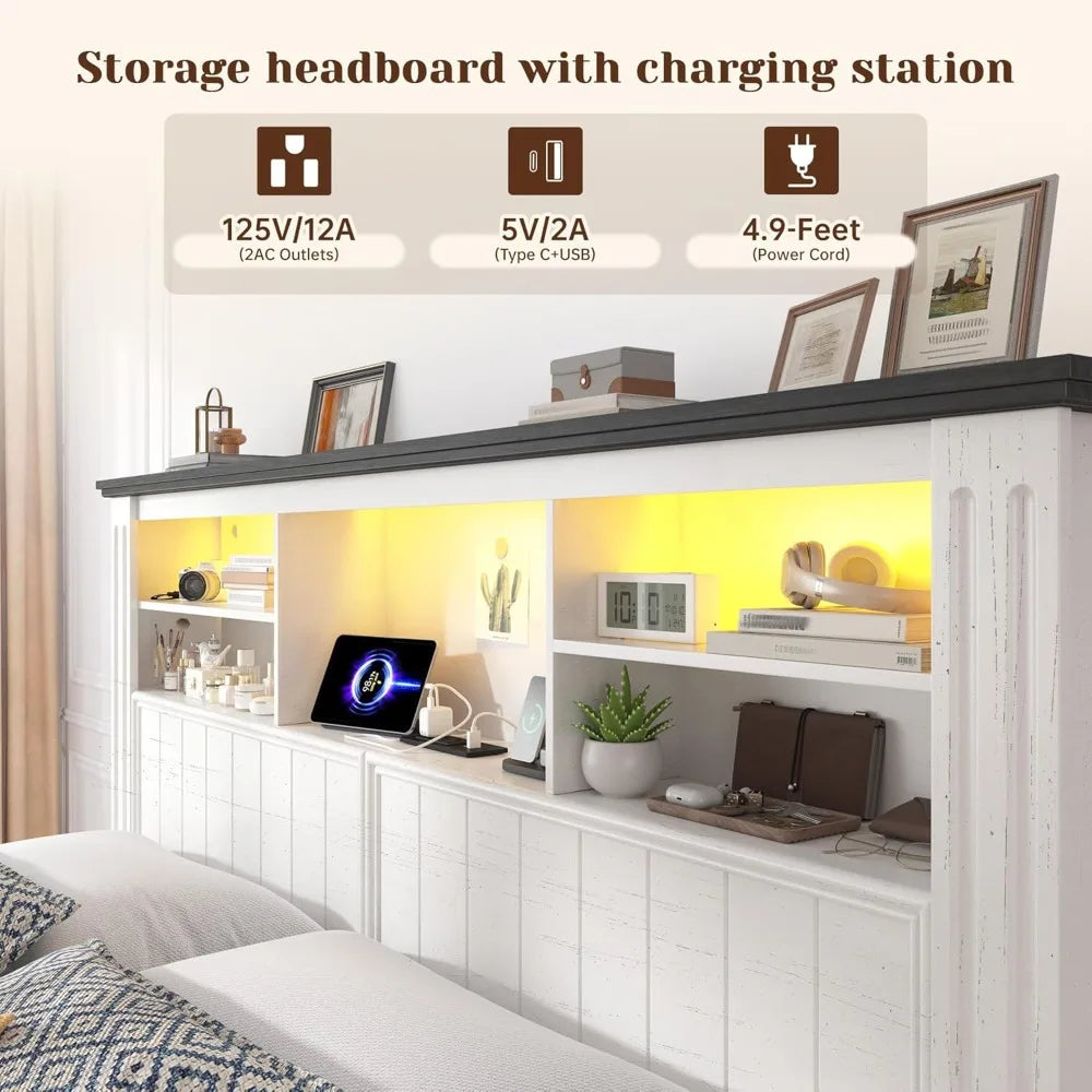 Queen Bed Frame With Storage Headboard LED USB Lighting