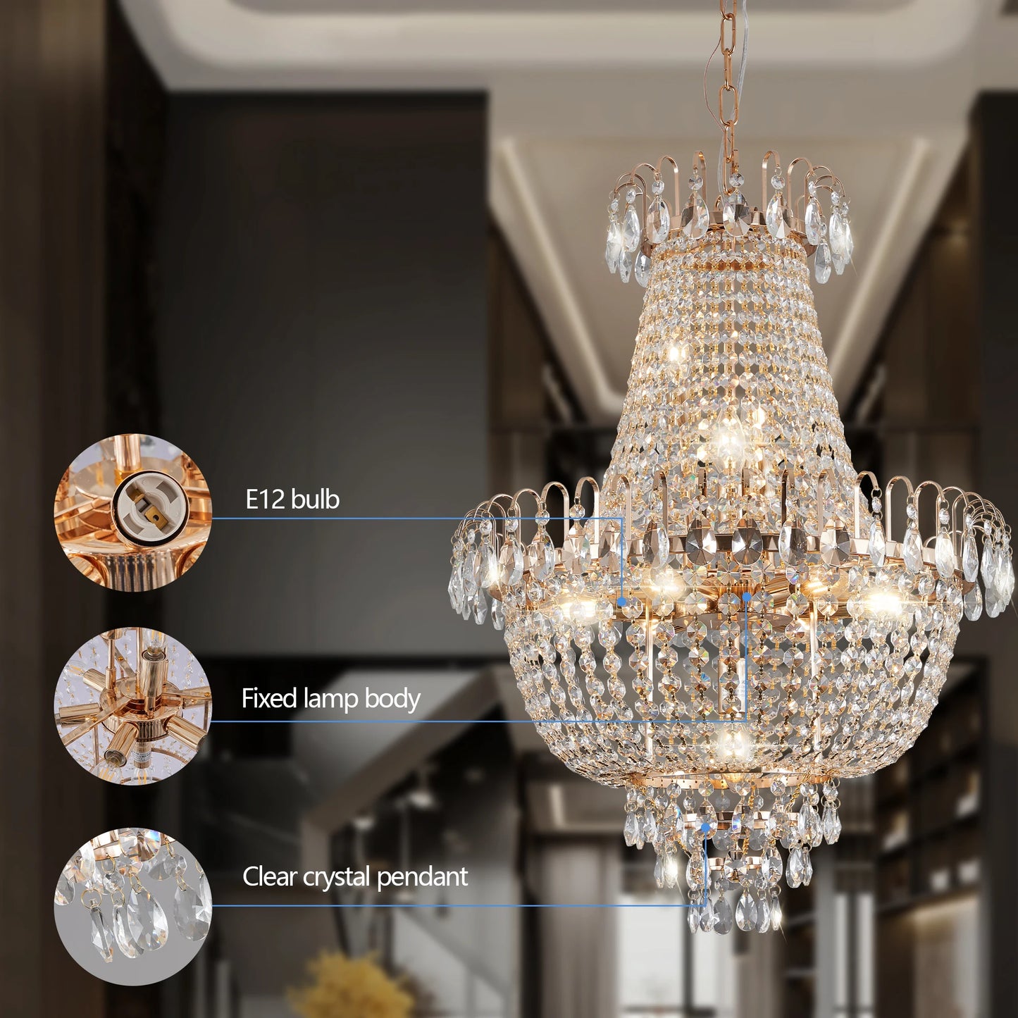 ARLGSITE Luxury Crystal Chandelier Ceiling Light For Living Room