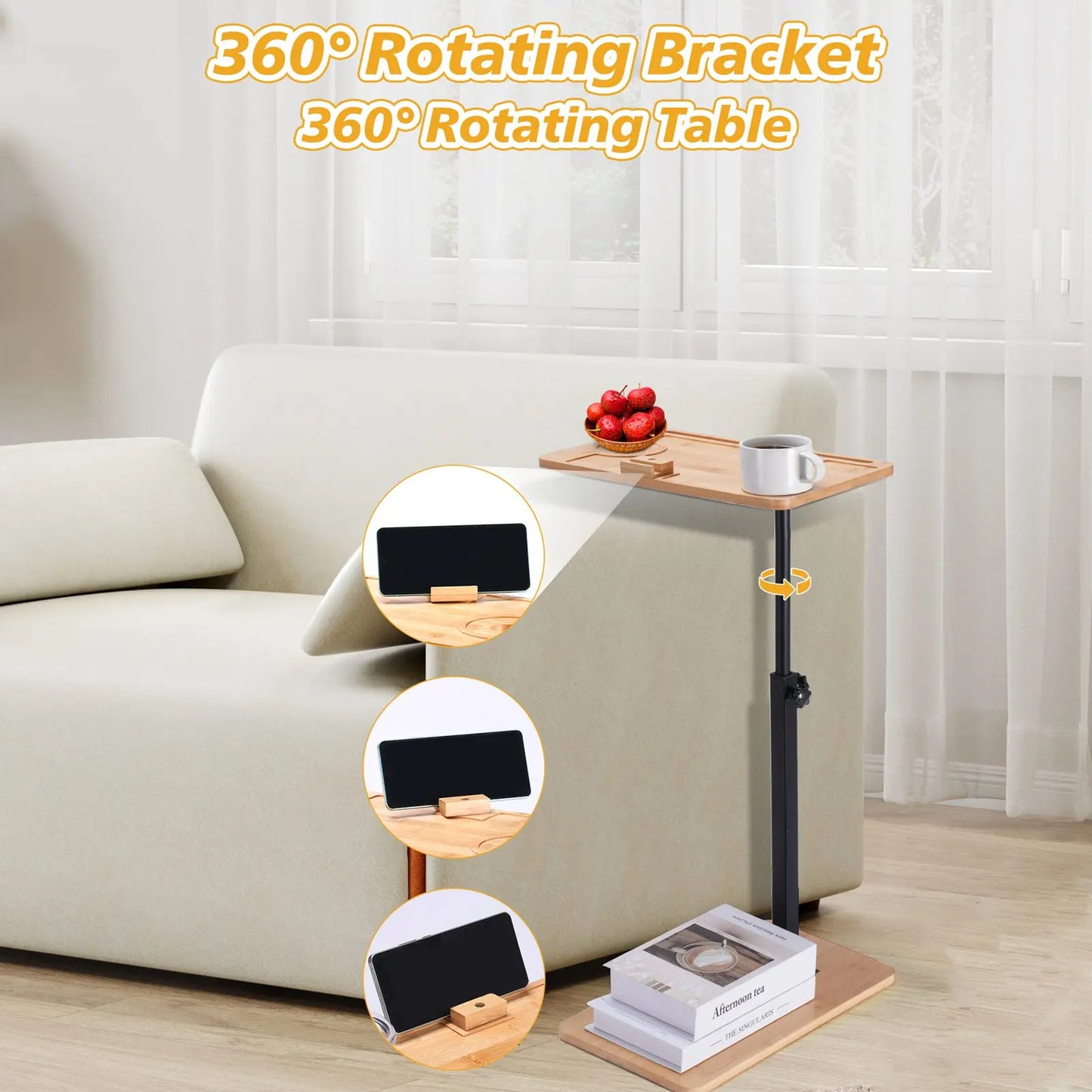 Adjustable Height Modern Sofa Side Table with Metal Frame and Wood Top