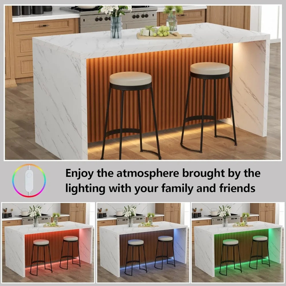 63 Inch Large Imitation Marble Dining Table with LED Lights for 4 to 6 People