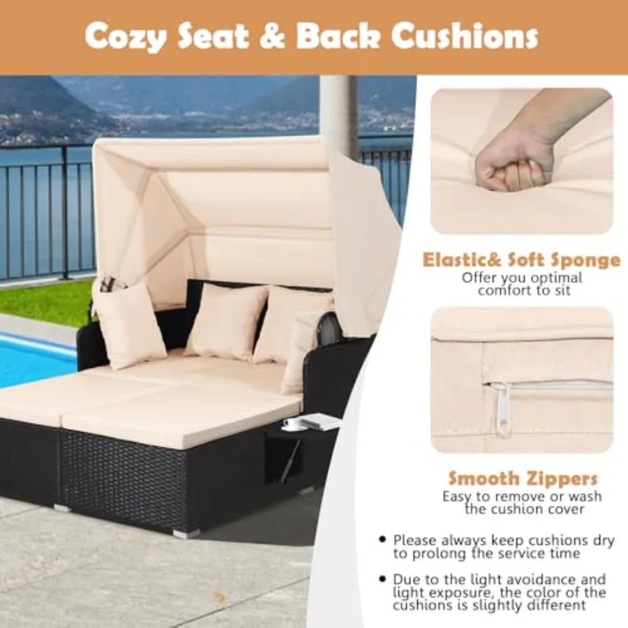 Patio Rattan Daybed With Retractable Canopy Folding Side Tables