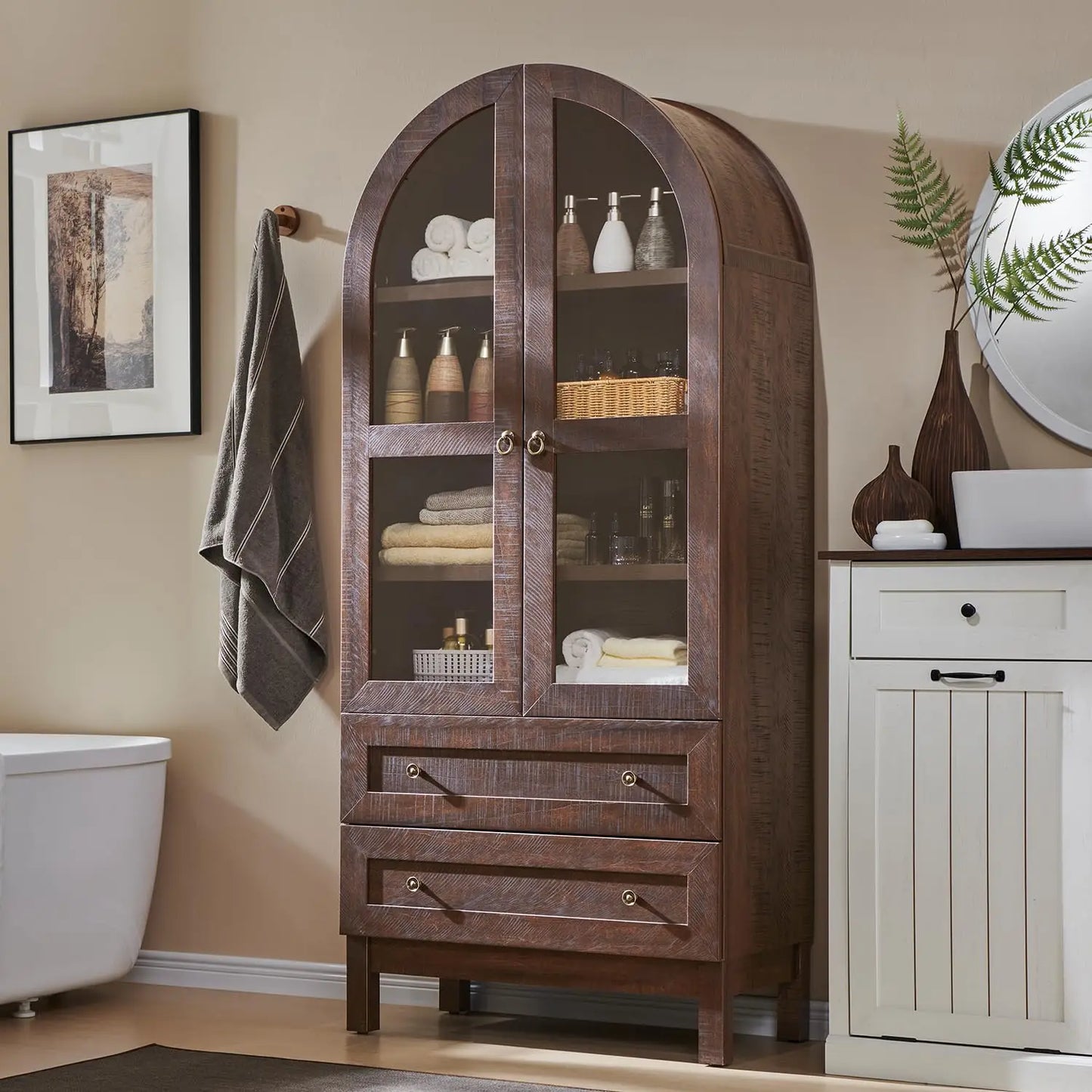 Arched Bathroom Storage Cabinet With 4-Tier Shelves And Drawers