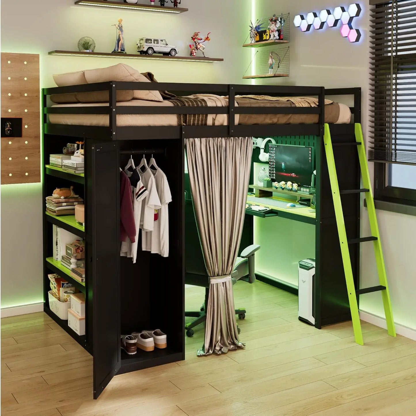 Wood Gaming Loft Bed With Desk Storage LED ChargingStation