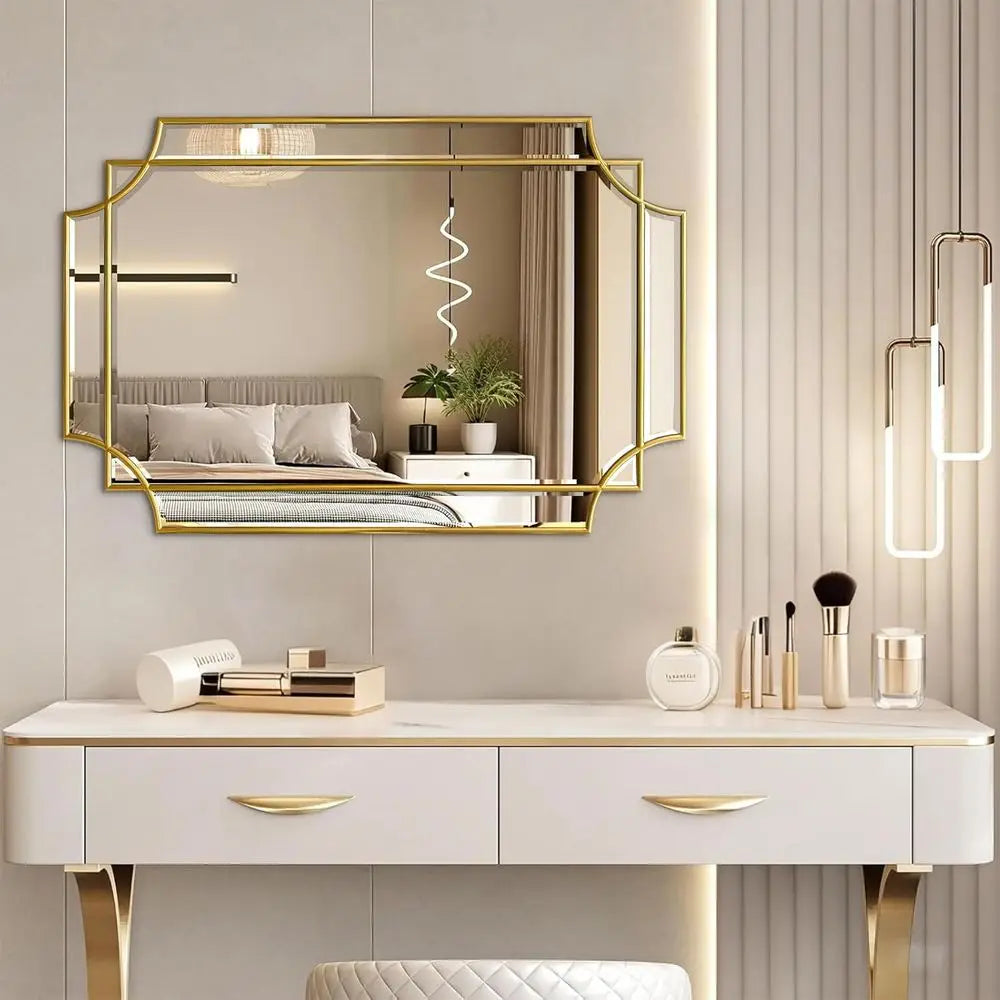 Wooden Frame Bathroom Mirror With Scalloped Beveled Glass