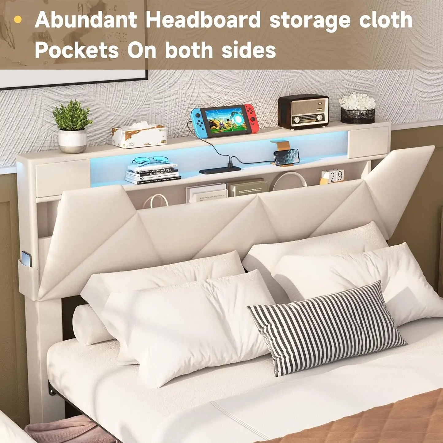 Vabches Upholstered Bed Frame With Storage And Drawers