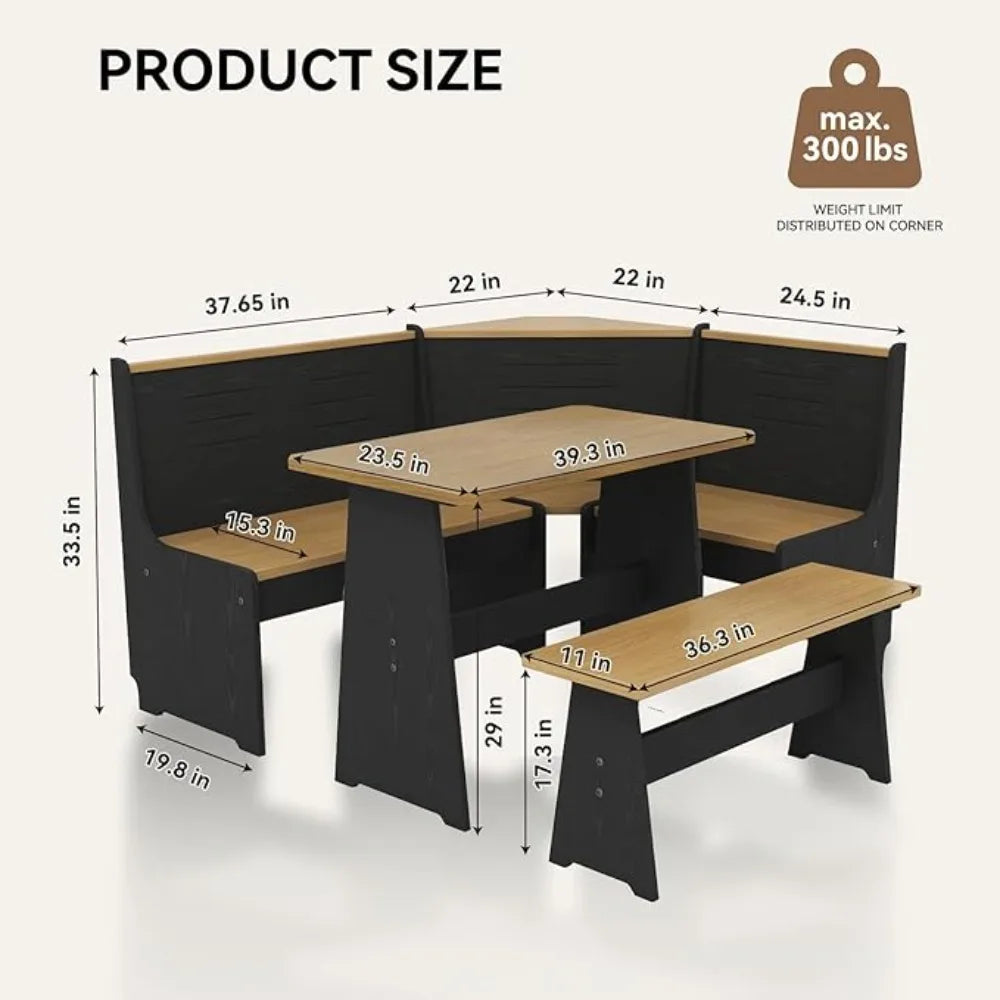 Modern Black L-Shape Breakfast Nook Corner Dining Table and Bench Set