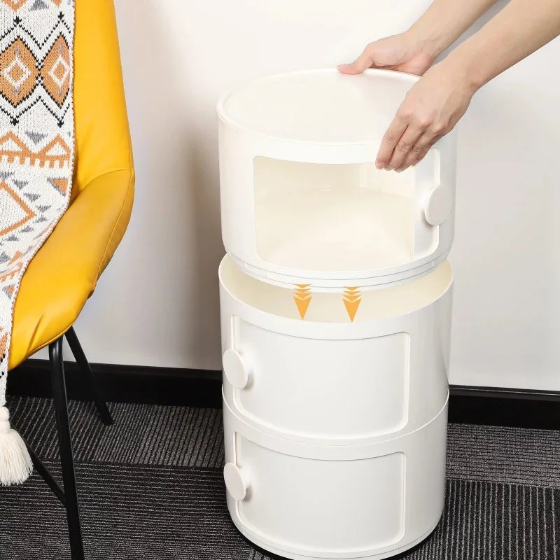 Modern White Round Bedside Table with 3 Tier Storage and Sliding Door Design