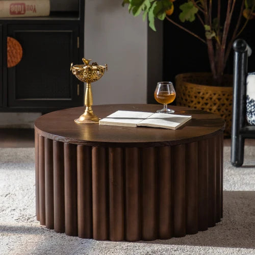 Handcrafted Round Lift Top Coffee Table With Relief Pedestal
