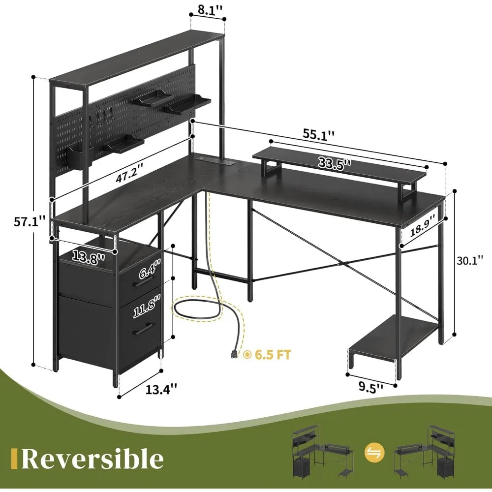 Yoobure L Shaped Desk With Pegboard And Drawers Reversible Computer Desk With Storage